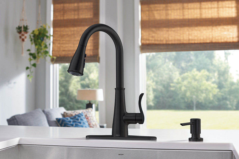 Moen 87245BL Hadley 1-Handle High Arc Kitchen Faucet with Power Boost Clean Pulldown Sprayer and Soap Dispenser in Matte Black 