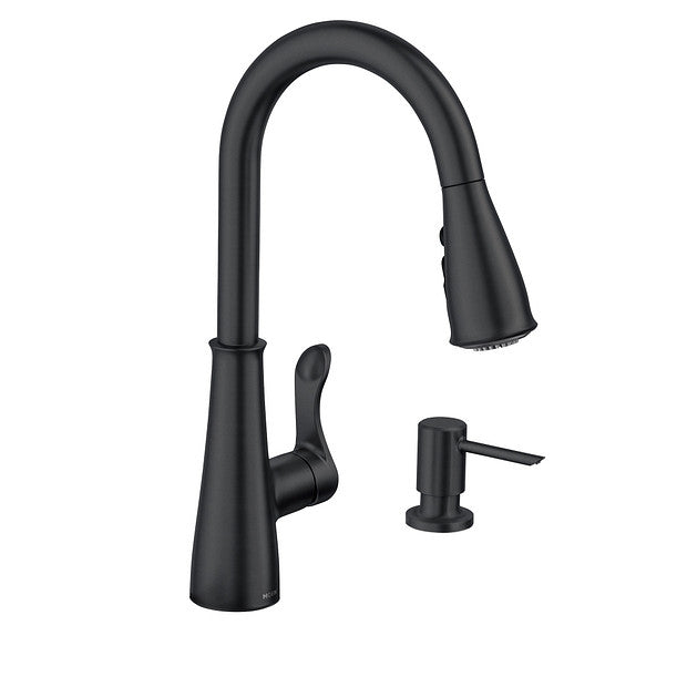 Moen 87245BL Hadley 1-Handle High Arc Kitchen Faucet with Power Boost Clean Pulldown Sprayer and Soap Dispenser in Matte Black 