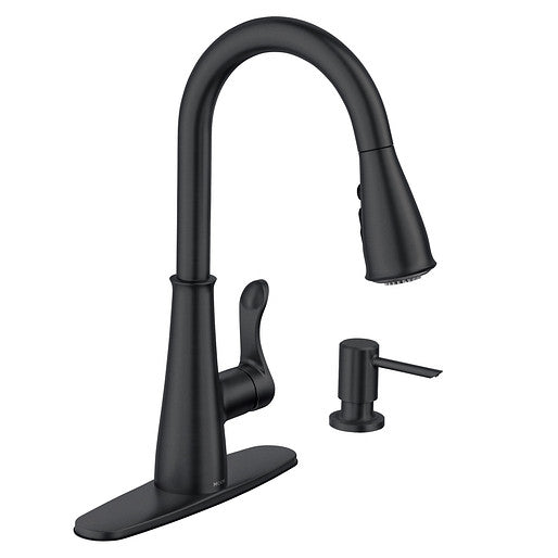 Moen 87245BL Hadley 1-Handle High Arc Kitchen Faucet with Power Boost Clean Pulldown Sprayer and Soap Dispenser in Matte Black 