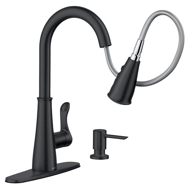 Moen 87245BL Hadley 1-Handle High Arc Kitchen Faucet with Power Boost Clean Pulldown Sprayer and Soap Dispenser in Matte Black