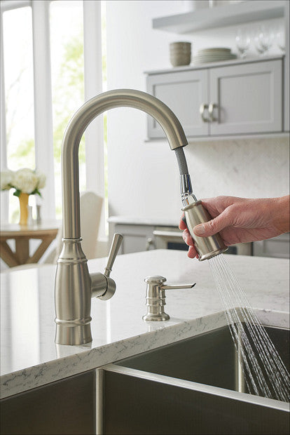 Moen 87791SRS Noell 1-Handle Pull-Down Sprayer Kitchen Faucet with Soap Dispenser and Power Clean in Spot Resist Stainless 