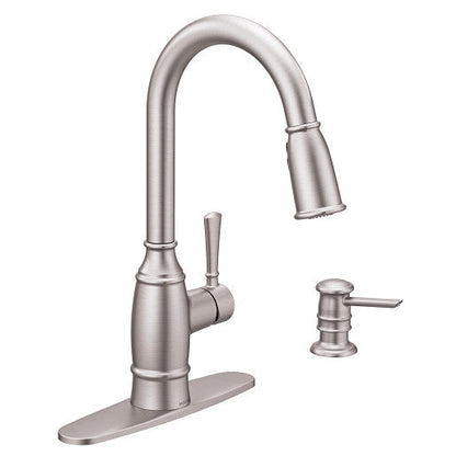 Moen 87791SRS Noell 1-Handle Pull-Down Sprayer Kitchen Faucet with Soap Dispenser and Power Clean in Spot Resist Stainless 