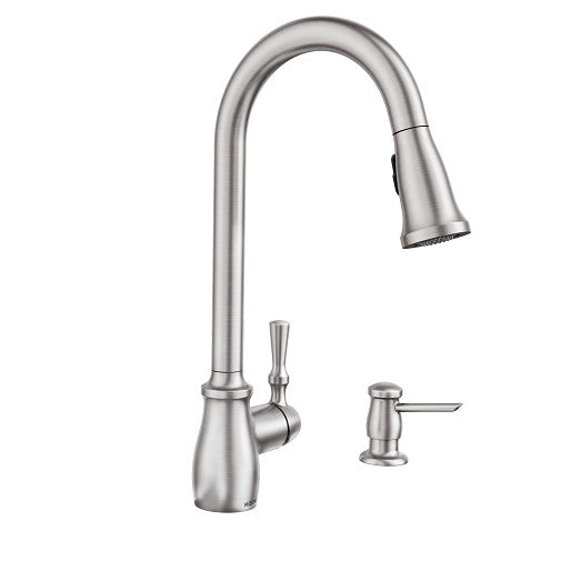 Moen 87808SRS Fieldstone Single Handle High Arc Kitchen Faucet with Pull Down Sprayer and Soap Dispenser - Spot Resist Stainless 