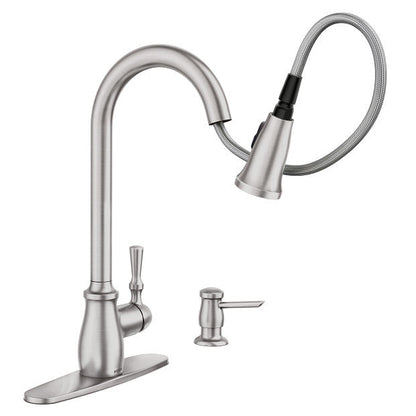 Moen 87808SRS Fieldstone Single Handle High Arc Kitchen Faucet with Pull Down Sprayer and Soap Dispenser - Spot Resist Stainless