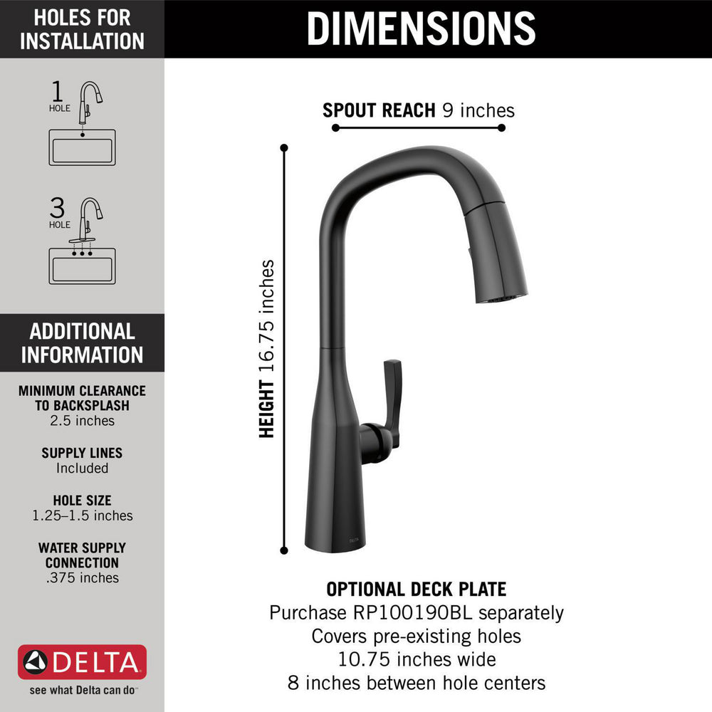 Delta 9176-BL-DST Stryke 1-Handle Kitchen Faucet with Pulldown Sprayer in Matte Black Finish 