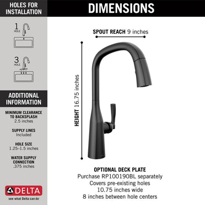 Delta 9176-BL-DST Stryke 1-Handle Kitchen Faucet with Pulldown Sprayer in Matte Black Finish 