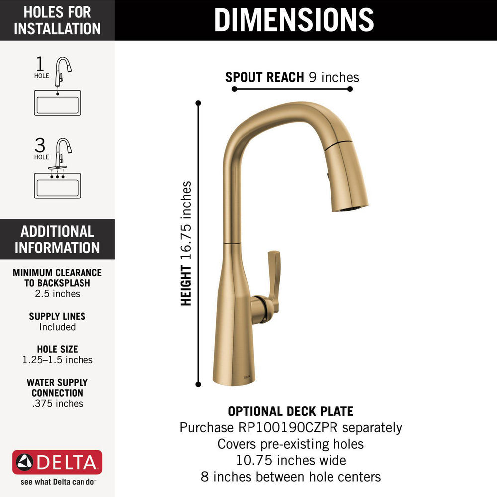 Delta 9176-CZ-PR-DST Stryke 1-Handle Kitchen Faucet with Pulldown Sprayer in Champagne Bronze Finish 