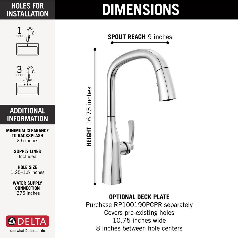 Delta 9176-PR-DST Stryke 1-Handle Kitchen Faucet with Pulldown Sprayer in Chrome 