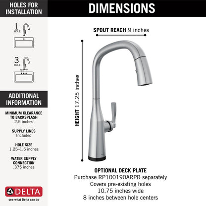 Delta 9176T-AR-PR-DST Stryke 1-Handle Kitchen Faucet with Touch2O Technology and Pulldown Sprayer in Arctic Stainless 