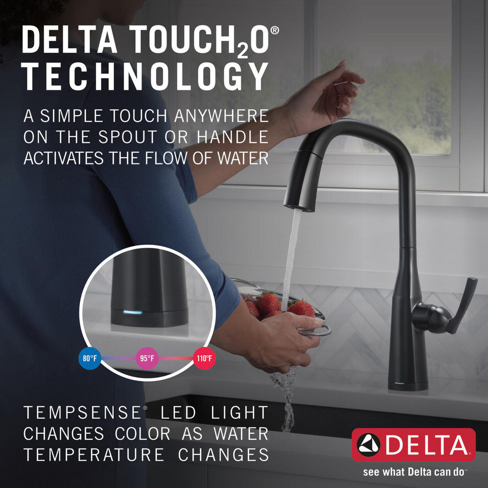 Delta 9176T-BL-DST Stryke 1-Handle Kitchen Faucet with Touch2O Technology and Pulldown Sprayer in Matte Black 