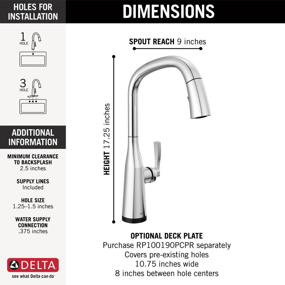 Delta 9176T-PR-DST Stryke 1-Handle Kitchen Faucet with Touch2O Technology and Pulldown Sprayer in Chrome 