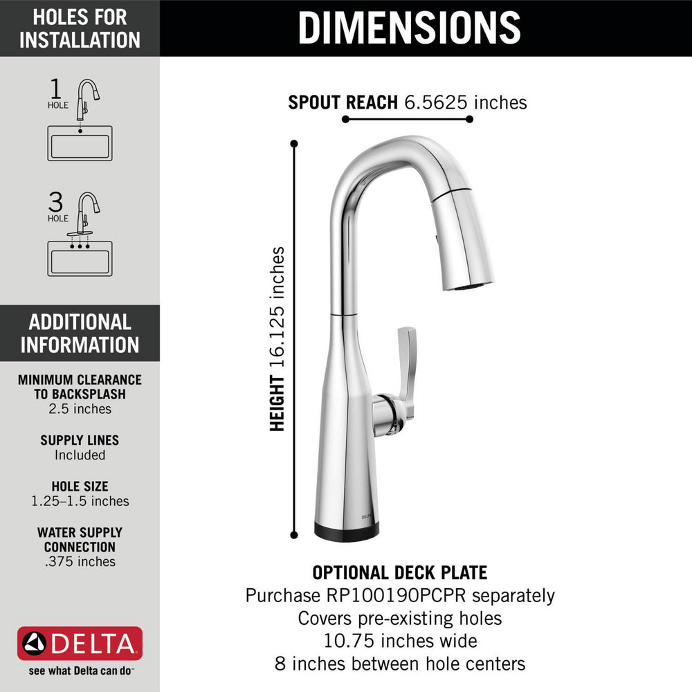 Delta 9976T-PR-DST Single Handle Bar/Prep Faucet with Touch 2O Technology and Pulldown Sprayer in Chrome 