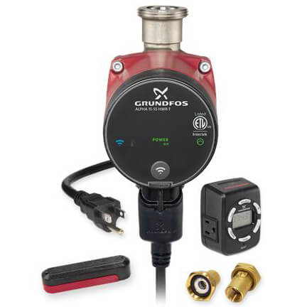 Grundfos 99906545 - ALPHA 15-55-HWR-T Wireless High-Efficiency Stainless Steel Circulator Pump with Line Cord, Variable Speed, 1 Phase, 115 Volt, 150 PSI (1-1/4" Union End Connection) | Plumbers Center