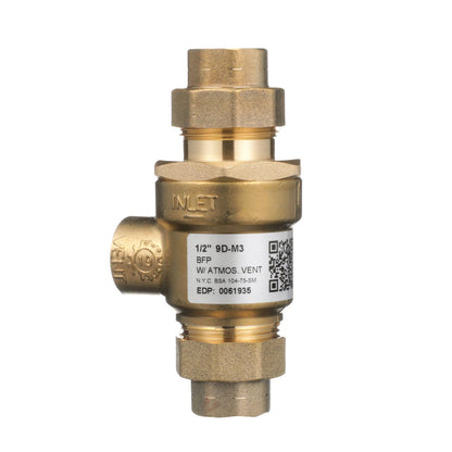 Watts 0061935 - 9D-M3-CAN-12 - 1/2" Bronze Dual Check Valve Backflow Preventer with Intermediate Atmospheric Vent, Female Union Inlet and Outlet Connections - 0061935 