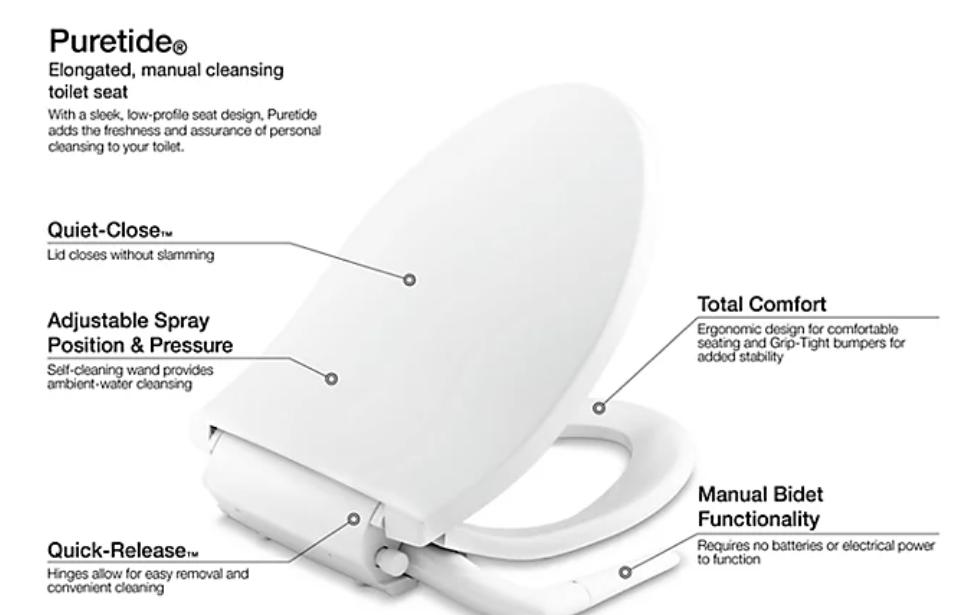 KOHLER K-5724-0 Puretide Quiet-Close Elongated manual Cleansing Bidet Toilet Seat in White 