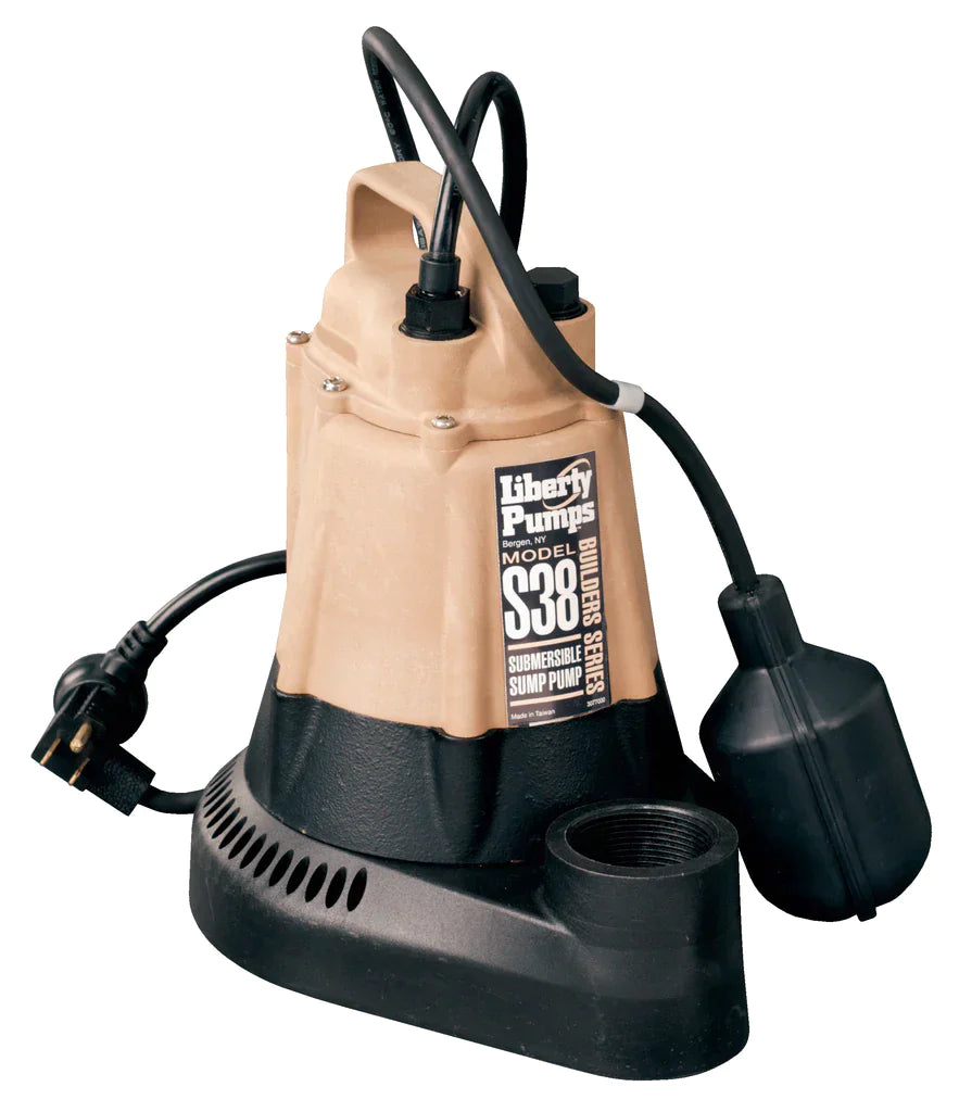 Liberty Pumps S38 - 1/3 HP Automatic Builders Series Submersible Sump Pump with Piggyback Wide-Angle Float Switch, 115V, 1 Phase, 10 ft Cord | Plumbers Center