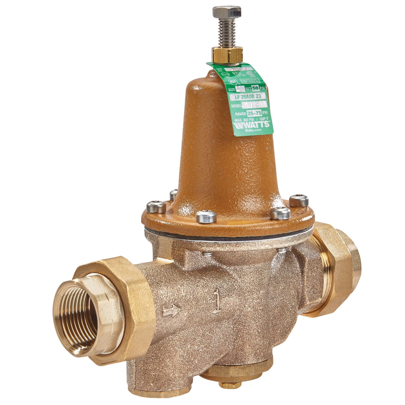 Watts 0009225 - 1/2" LF25AUB-DU-G-Z3 Lead Free Water Pressure Reducing Valve with Gauge Tapping and Double Union Threaded Female Connections, Adjustable Pressure Range 25-75 PSI 