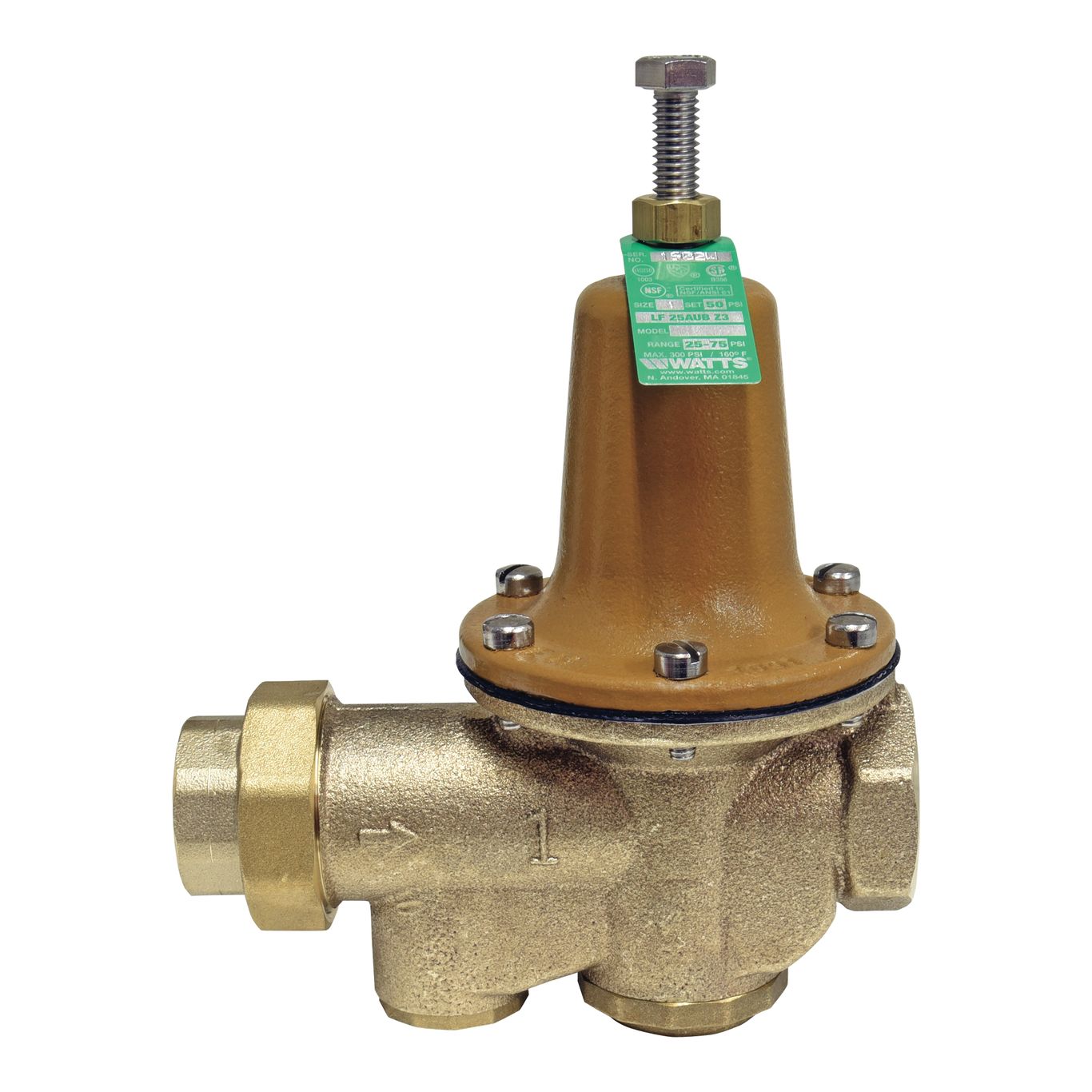 Watts 0009309 - LF25AUB-Z3-1" - Water Pressure Reducing Valve with 1" NPT Female Union x 1" NPT Female, Polymer Seat, Adjustable Pressure Range 25-75 PSI (Lead Free) 