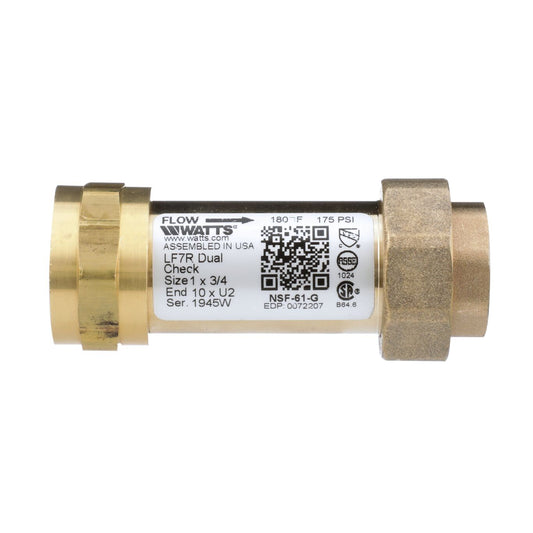 Watts 0072207 1" X 3/4" LF7R10-U2 Lead Free Residential Dual Check Valve with Female Meter Thread Swivel Inlet x Union Female NPT Outlet in Brass finish 