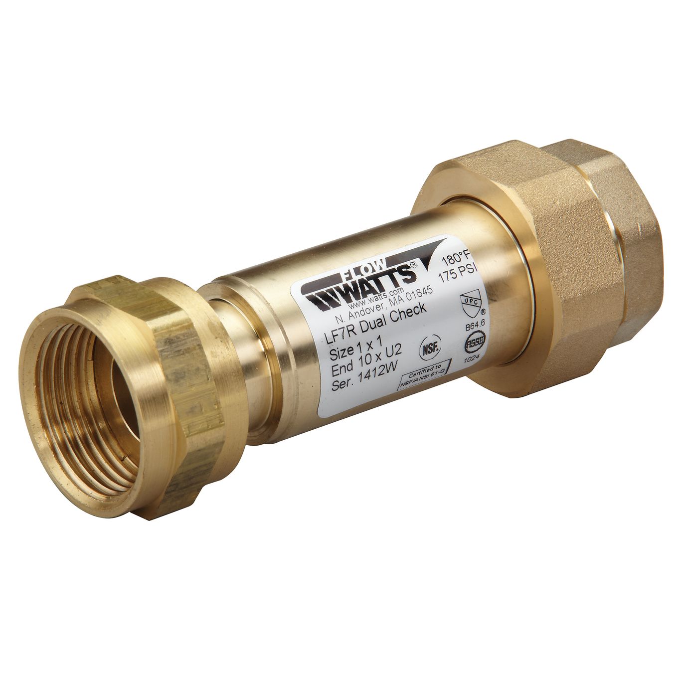 Watts 0072214 LF7R10-U2 1" X 1" Brass Lead Free Residential Dual Check Valve with Female Meter Thread Inlet x Union Female NPT Outlet 