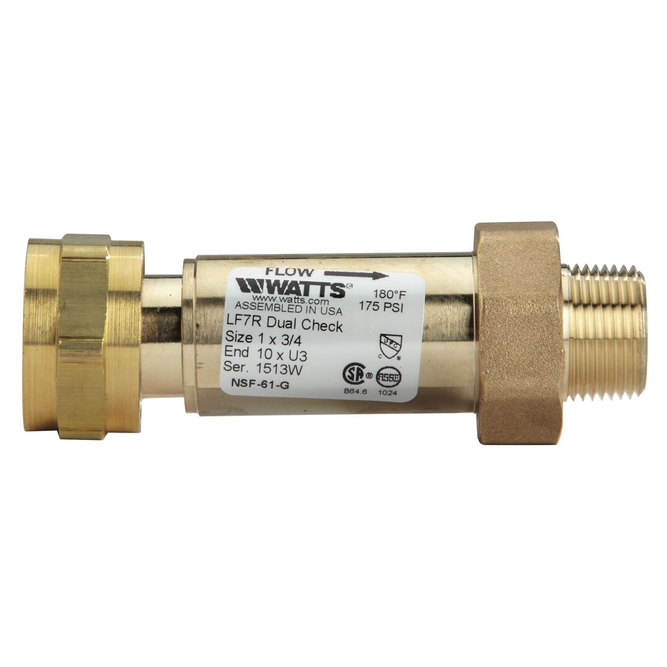 Watts 0072208 LF7R10-U3 1" X 3/4" Brass Lead Free Residential Dual Check Valve with Female Meter Thread Swivel Inlet x Union Male NPT Outlet 