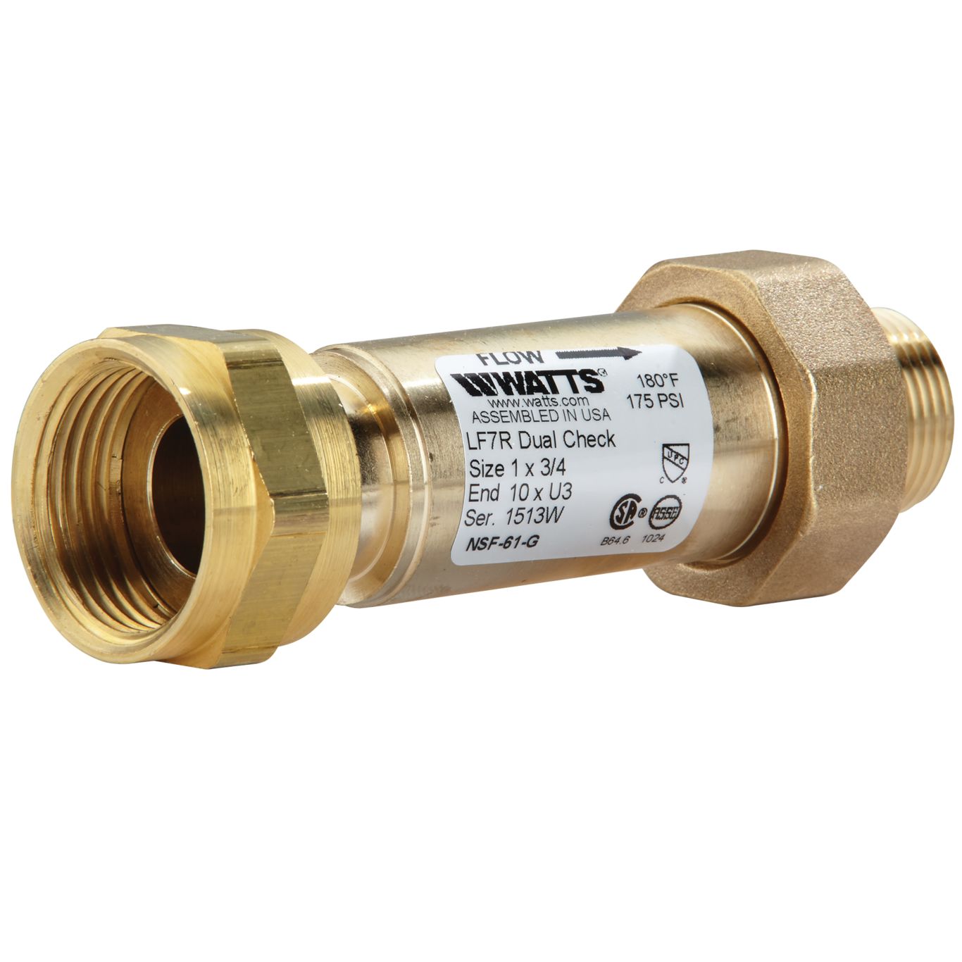 Watts 0072208 LF7R10-U3 1" X 3/4" Brass Lead Free Residential Dual Check Valve with Female Meter Thread Swivel Inlet x Union Male NPT Outlet 