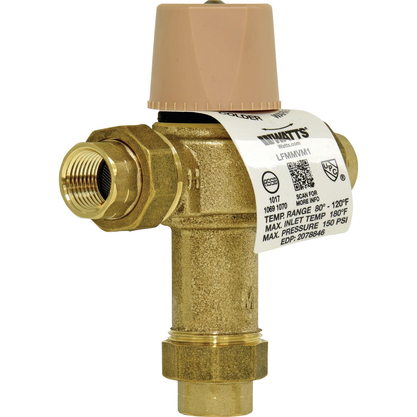 Watts 0559116 - LFMMVM1-UT-1/2 Lead Free Thermostatic Mixing Valve, with 1/2" Threaded Union Ends, Temperature Range 80-120 F 