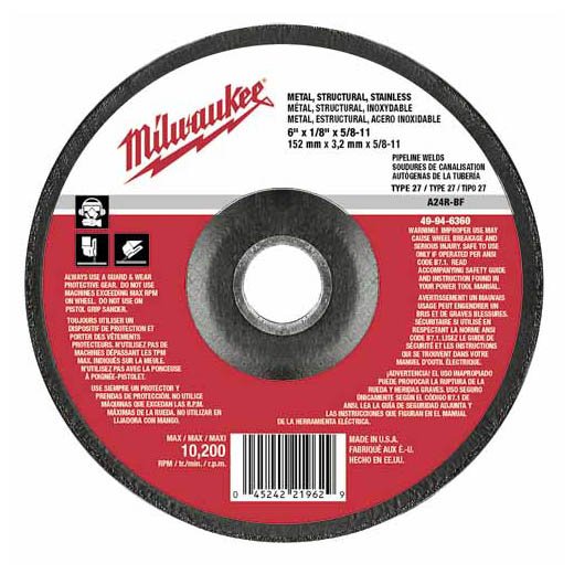 Milwaukee 49-94-6360 - 6" x 1/8" x 5/8-11" Grinding Wheel (A30S Type 27) for Pipeline - Light Grind/Cutting | Plumbers Center