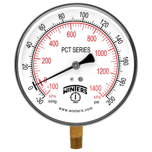 Winters PCT333 Contractor Compound Pressure Gauge 4.5" Dial -30 to 200 PSI/KPA 1/4" NPT Bottom Mount 