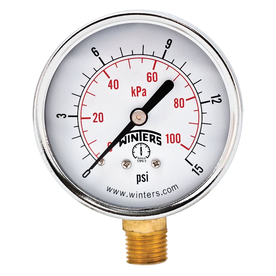 Winters PEM211 Economy Pressure Gauge 2.5'' Dial 0-15 PSI/KPA 1/4'' NPT Bottom Mount