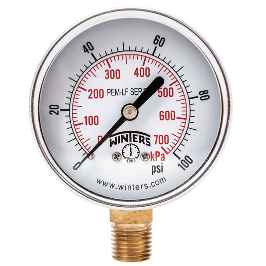 Winters PEM214LF Lead Free Economy Pressure Gauge 2.5" Dial 0-100 PSI/KPA, 1/4" NPT Bottom Mount 