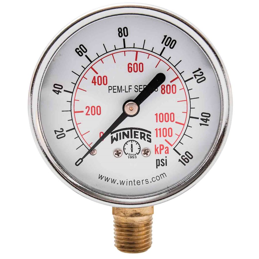 Winters PEM215LF Lead Free Economy Pressure Gauge 2.5" Dial 0-160 PSI/KPA, 1/4" NPT Bottom Mount