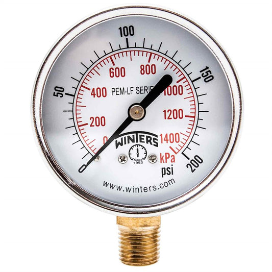 Winters PEM216LF Lead Free Economy Pressure Gauge 2.5" Dial 0-200 PSI/KPA, 1/4" NPT Bottom Mount 