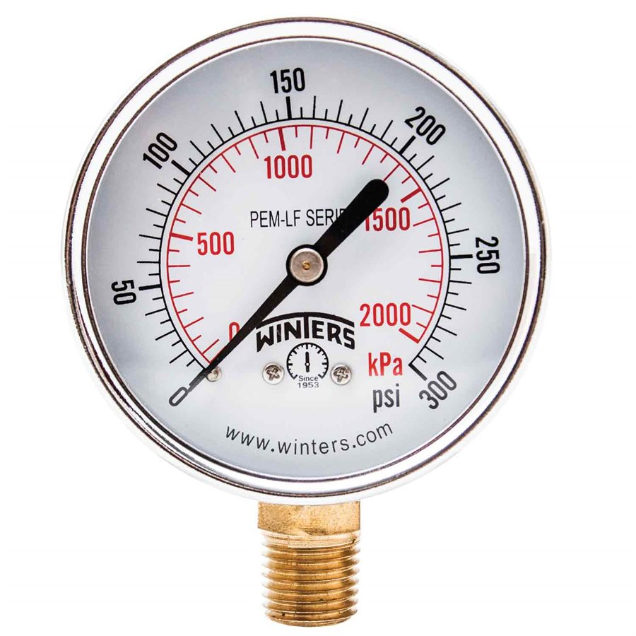 Winters PEM217LF Lead Free Economy Pressure Gauge 2.5" Dial 0-300 PSI/KPA, 1/4" NPT Bottom Mount 