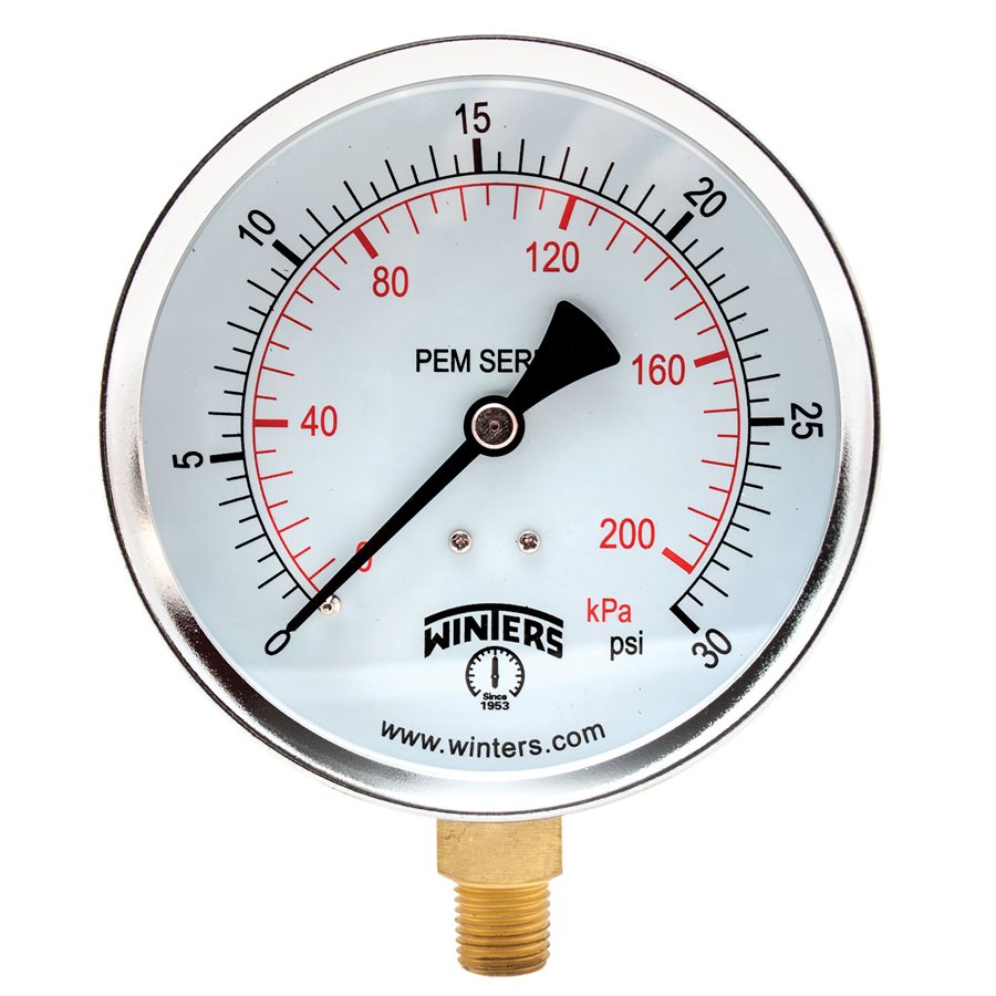 Winters PEM211 Economy Pressure Gauge 4" Dial 0-30 PSI/KPA 1/4" NPT Bottom Mount 