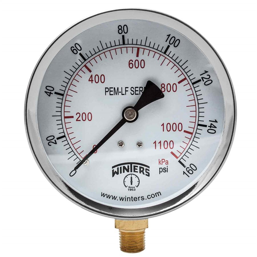 Winters PEM224LF Lead Free Economy Pressure Gauge 4" Dial 0-160 PSI/KPA 1/4" NPT Bottom Mount 