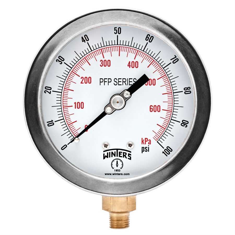 Winters PFP604 Premium Stainless Steel Liquid Filled Gauge 4'' Dial 0-100 PSI/KPA 1/4'' NPT Bottom Mount 