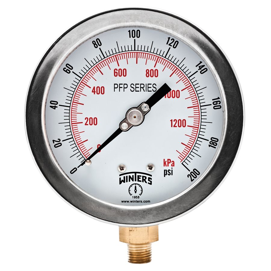 Winters PFP606 Premium Stainless Steel Liquid Filled Gauge 4'' Dial 0-200 PSI/KPA 1/4'' NPT Bottom Mount 