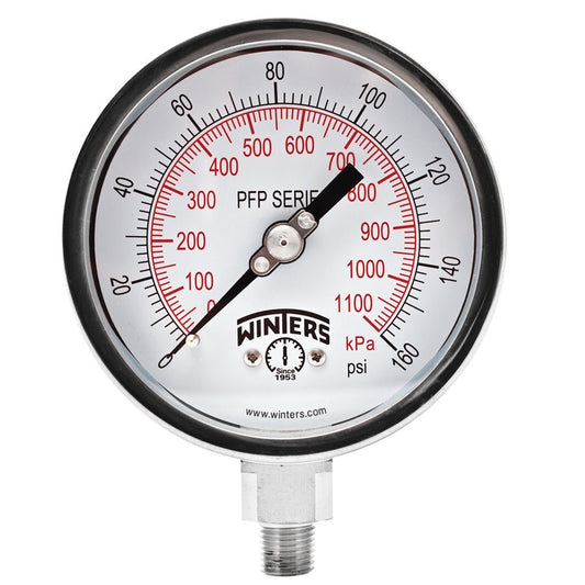 Winters PFP645 Premium Stainless-Steel Liquid Filled Pressure Gauge, 4'' Dial 0-160 PSI/KPA 1/4'' NPT Bottom Mount, Stainless Steel Internals 