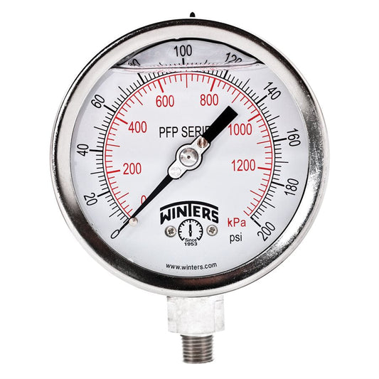 Winters PFP646 Premium Stainless-Steel Liquid Filled Pressure Gauge, 4'' Dial 0-200 PSI/KPA 1/4'' NPT Bottom Mount, Stainless Steel Internals 