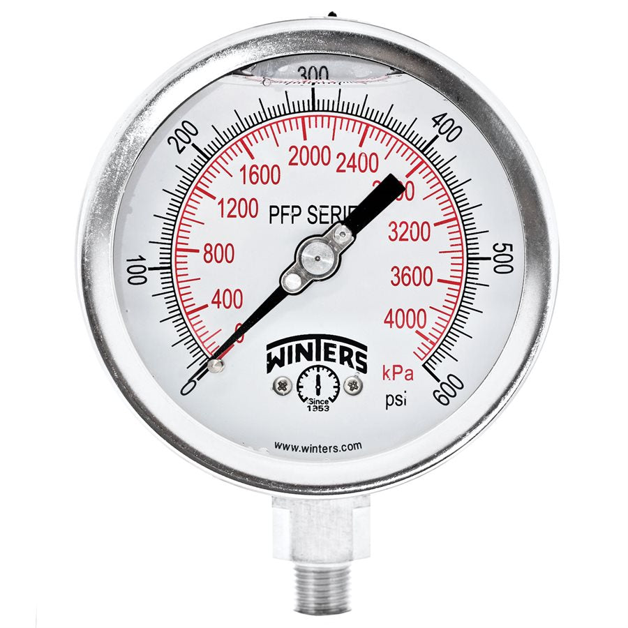 Winters PFP648 Premium Stainless-Steel Liquid Filled Pressure Gauge, 4'' Dial 0-600 PSI/KPA 1/4'' NPT Bottom Mount, Stainless Steel Internals 