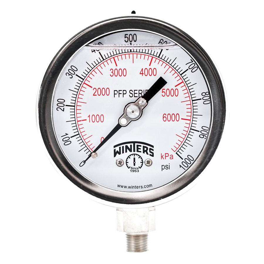 Winters PFP649 Premium Stainless-Steel Liquid Filled Pressure Gauge, 4'' Dial 0-1000 PSI/KPA 1/4'' NPT Bottom Mount, Stainless Steel Internals 