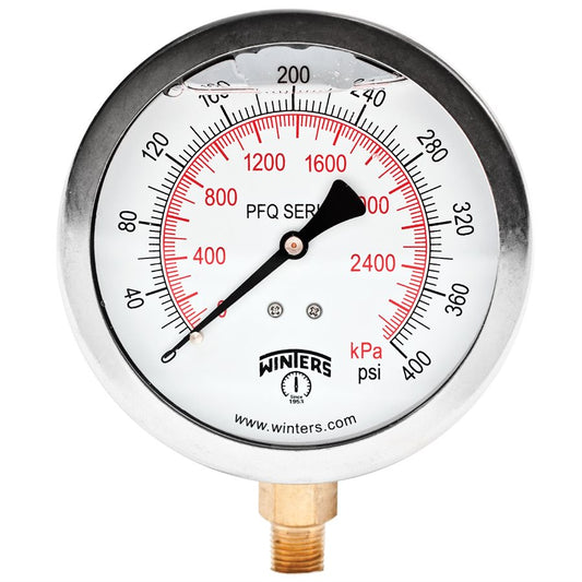 Winters PFQ715 Stainless Steel Quality Liquid Filled Pressure Gauge, 4" Dial 0-400 PSI/KPA 1/4"NPT Bottom Connection 