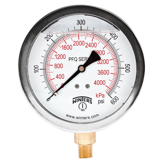 Winters PFQ716 Stainless Steel Quality Liquid Filled Pressure Gauge, 4" Dial 0-600 PSI/KPA 1/4"NPT Bottom Connection 