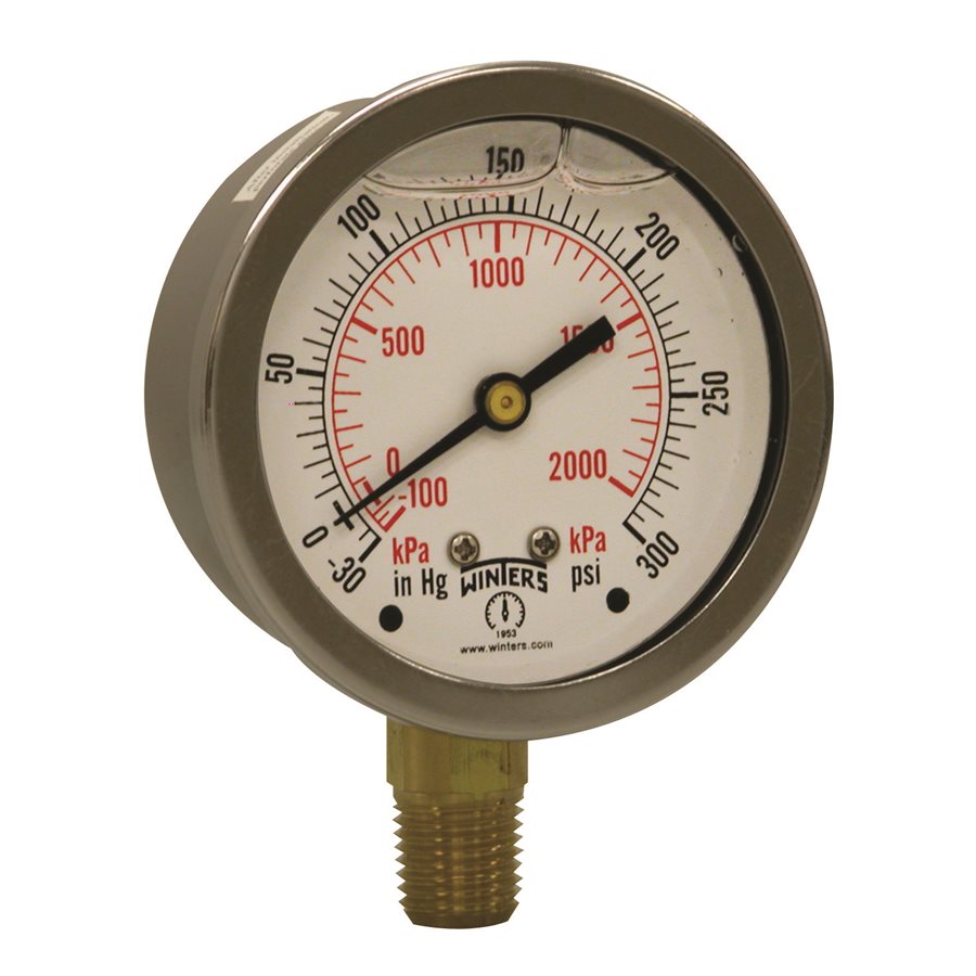 Winters PFQ795 Stainless Steel Liquid Filled Pressure Gauge, 2.5" Dial,  -30”/0/300 PSI/KPA, 1/4"NPT Bottom Connection 