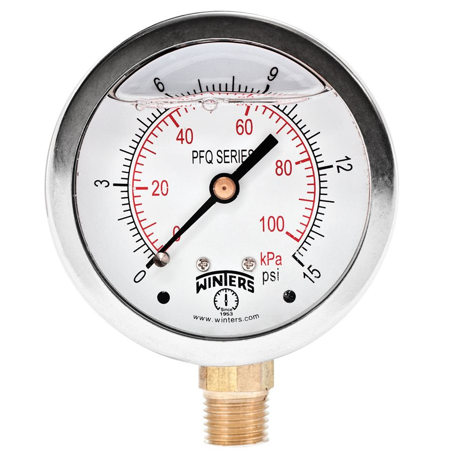 Winters PFQ800 Stainless Steel Liquid Filled Gauge, 2.5'' Dial, 0-15 PSI/KPA, 1/4'' NPT Bottom Mount 