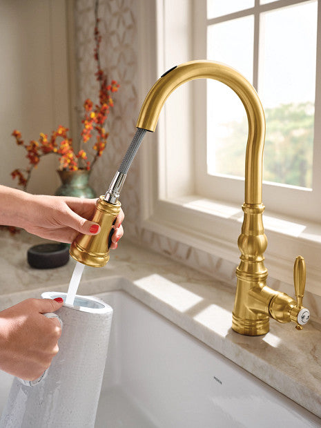 Moen S73004EV2BG Weymouth Motion Control Smart Kitchen Faucet with Pulldown Sprayer, Single Handle, Brushed Gold 