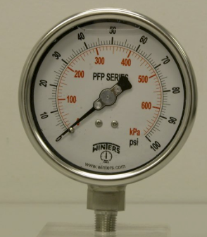 Winters PFP644 Premium Stainless-Steel Liquid Filled Pressure Gauge, 4'' Dial 0-100 PSI/KPA 1/4'' NPT Bottom Mount, Stainless Steel Internals 