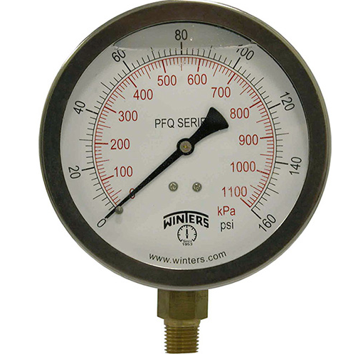 Winters PFQ712 Stainless Steel Quality Liquid Filled Pressure Gauge, 4" Dial 0-100 PSI/KPA 1/4"NPT Bottom Connection 