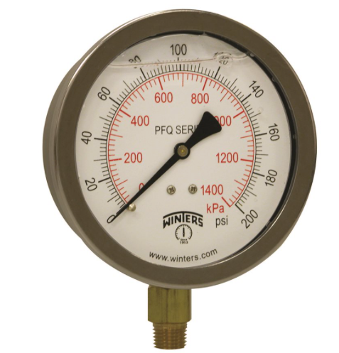 Winters PFQ713 Stainless Steel Quality Liquid Filled Pressure Gauge, 4" Dial 0-200 PSI/KPA 1/4"NPT Bottom Connection 